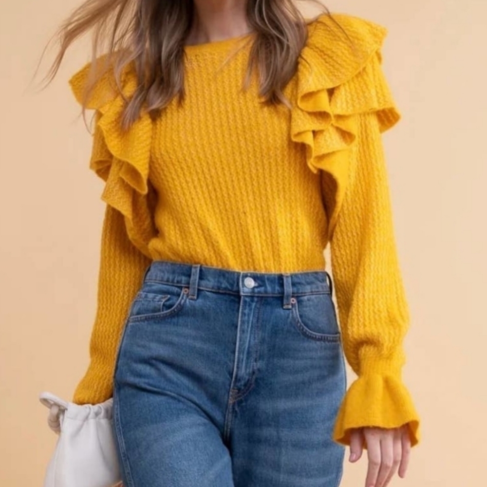 Rachel Parcell Mustard Ruffle Shoulder Pointelle Sweater Puff Sleeve S